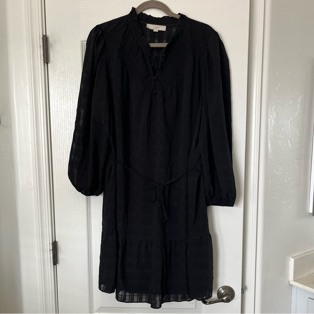 LOFT Black Dress With Sheer Patterned Long Sleeves, Adjustable Tie Waist XXL